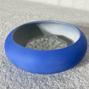 Vintage Blue Ceramic Round Shallow Bowl With Built In Flower Frog